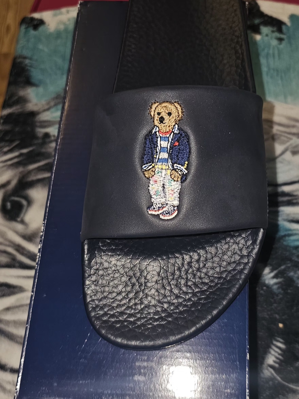 Brand New In BoxPolo by Ralph Lauren Navy Slide Sandal Box with Yellow Logo